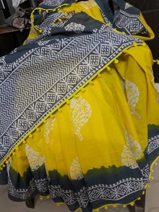 New Yellow&amp;Gray BlockPrint MulmulCotton Saree+Blou