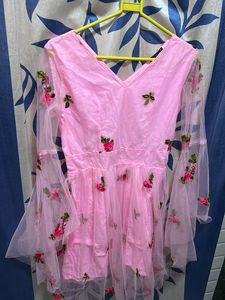 Pink Net Fabric Solid Full Sleeve V-Neck Top
