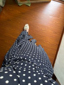 V-neck Blue Dot Wrap Cotton MIDI Dress