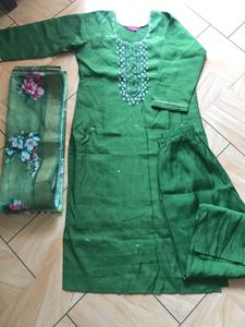 Green Kurti Set with Floral Dupatta