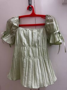 Crinkled Square Neck Top Puff Sleeves
