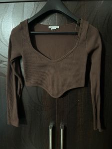 Brown Ribbed Long Sleeve Top