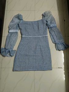 Blue Tweed Mini Dress Sheer Sleeves