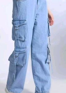 8 pocket Light Wash Denim Cargo Pants