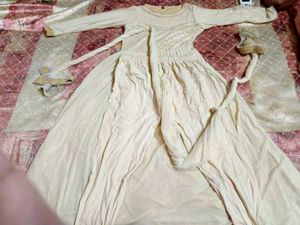 Elegant Cream Anarkali Gown Pearl Net Dupatta