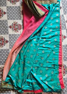 Pink &amp; Teal Embroidered Saree