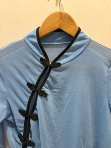 Beautiful Blue Mandarin Collar Mesh Top