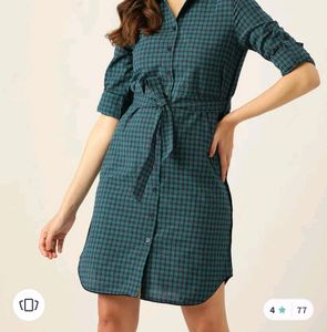 DRESSBERRY Women Green And Navy Blue Checked Shirt And Dress+Earring As A FREEBIE