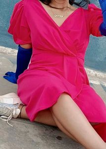 Hot Pink Puff Sleeve Mini Dress