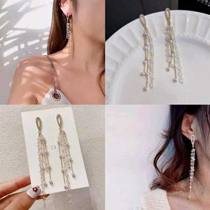 Korean White Dangling Pearl Tassel Crystal Earring