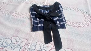 Blue Plaid Tie-Neck Top