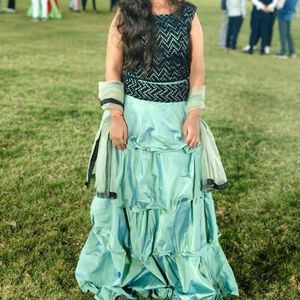 Elegant green multi Layered  indo western set