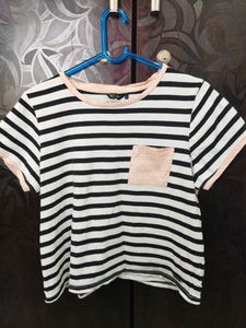 Women White Black Striped Round Neck Crop Pure Cotton T-shirt