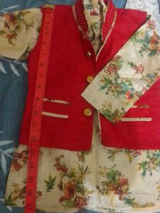 Floral Print Kurta with Red And White Jacket