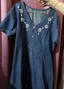 Denim Dress w/ Floral Embroidery