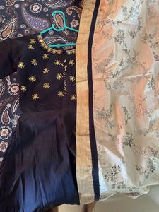 Navy Blue Anarkali With White Duppata