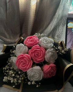 Crochet White Pink Rose Bouquet