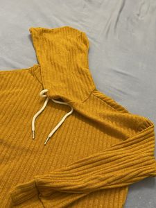 Mustard Ribbed Knit Cropped Hoodie
