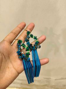 Beaded Earrings with Blue Chain Tassels