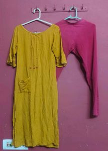 Mustard Kurti & Pink Leggings Set