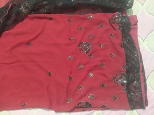 Maroon- Black Half Net Saree