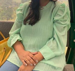 Mint Green Pleated Puff Sleeve Top