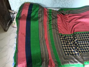 GentlyUsed CottonSilk Saree-RustBlackGreenStripes