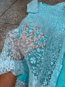 Aqua Embroidered Net Kurta