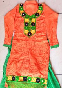 Orange &amp; Green Embroidered Salwar Kameez Suit