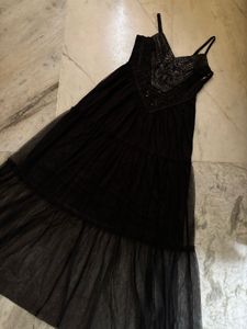 Leather And Sequin Black Maxi Dress