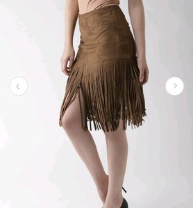 Tan Brown Psuede Skirt With Fringes