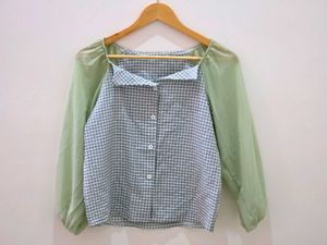 Charming Gingham & Sheer Sleeve Blouse
