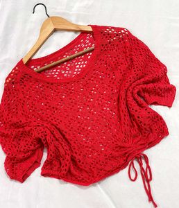 Pinterest Oversized Hot Red Crochet Knit Top D