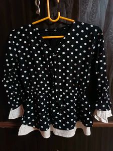 Black V-Neck Polka Dots Top/Tunic