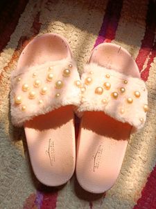 Cute Fur&amp;Pearl Pink Slippers, Size - 38