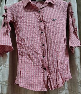 Pink Plaid Button-Up Blouse with Sleeve Detail