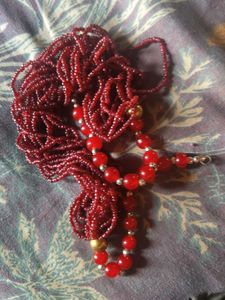Red Beaded Necklace And Black Necklac Combo