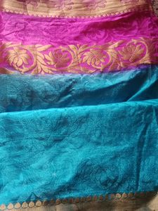 Blue And Pink Saree With Gold Border
