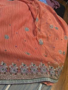 Embroidered Orange Saree