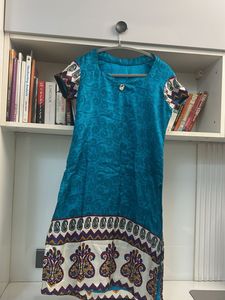 Blue Printed Silk Kurti Small