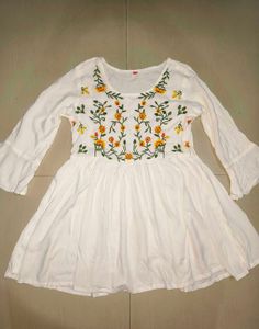 White Floral Embroidered Flared Kurti