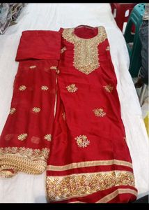 Red Embroidered Dress Material