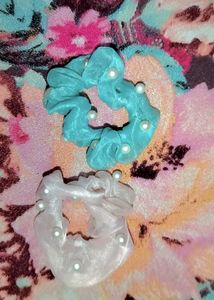 Pastel Pink And Green Coloured Beaded Scrunchies