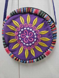 ROUND TRIBAL FLORAL EMBROIDERED CROSS BODY BAG