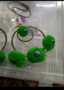 Green Pom-Pom Hoop Earrings
