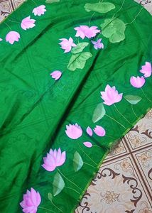 Green Handpainted Lotus Dupatta