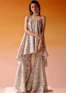 Silver net bootcut pant with mirrorwork