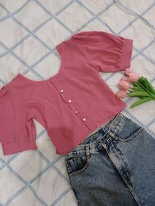 Pink Buttons Down Puffed Sleeve