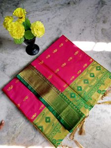 Dual Shade Peach Colour Kanjivaram Saree