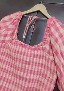 Pink Check Print Crop Top For 34 Bust